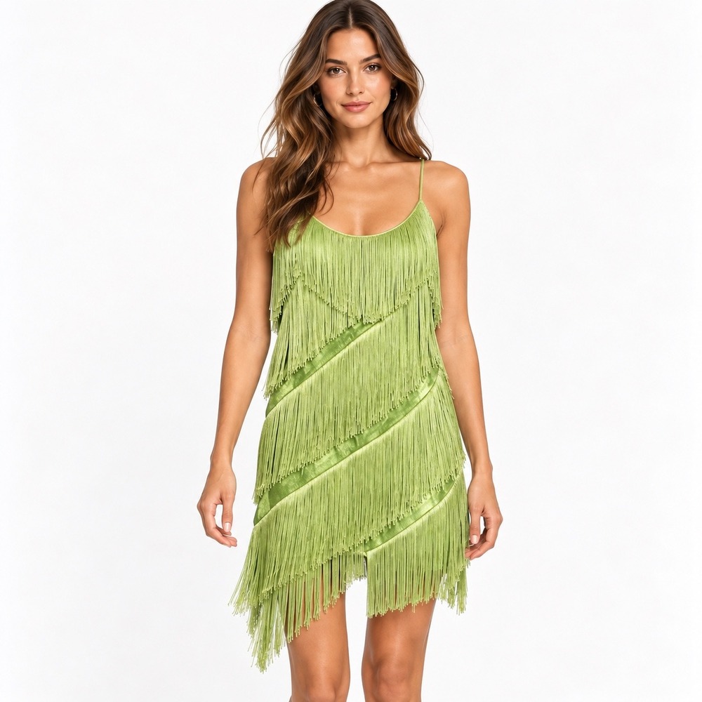 NWT Mango Suit Lime Green Fringe Tassel Y2K Party Mini Dress S